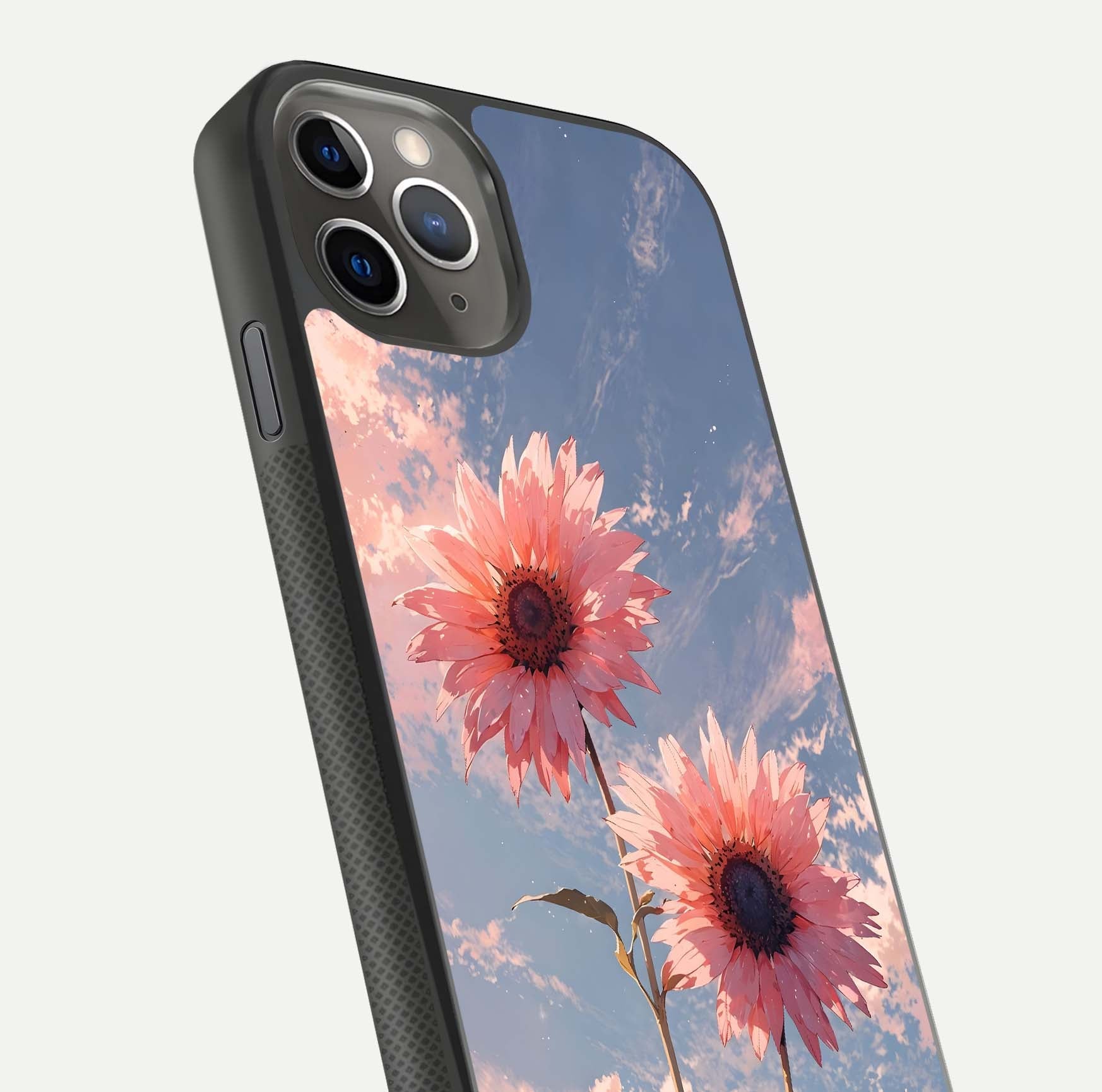 Sunlit Daisy Glow Glass Case for iPhone 11 Pro Max side-angle image showing shine, gloss, and floral highlight