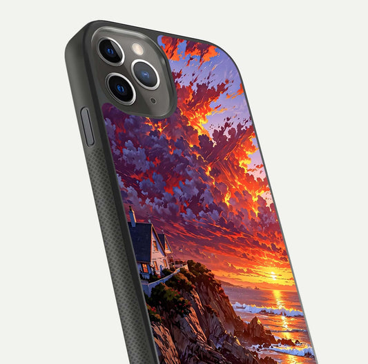 Sunset House by Sea Glass Case for iPhone 11 Pro Max side-angle image showing reflection and seaside color tone
