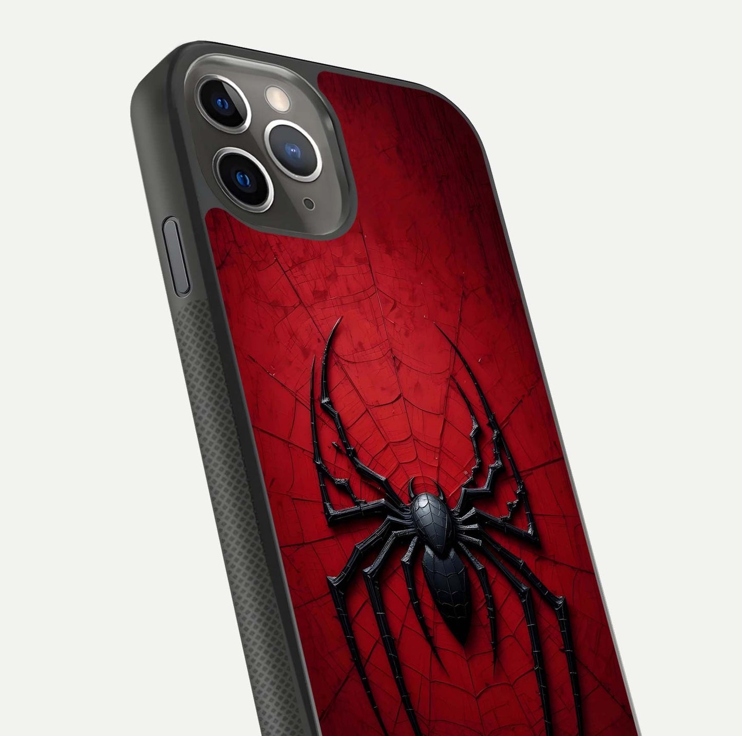 Venom Web Emblem Glass Case for iPhone 11 Pro Max side-angle image showing reflection and dark color tones