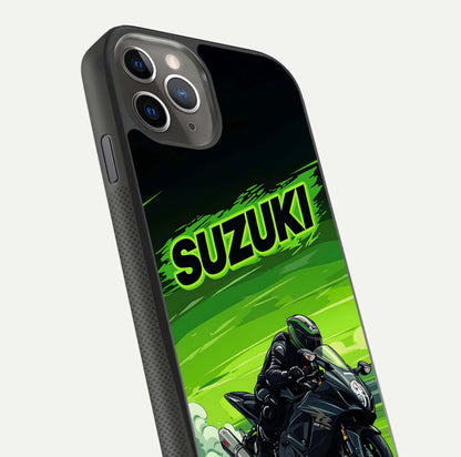 Suzuki Speed Beast Glass Case for iPhone 11 Pro Max side-angle image showing reflection, gloss, and car detailing