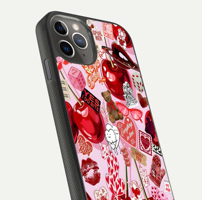 Sweet Cherry Chaos Glass Case for iPhone 11 Pro Max side-angle image showing shine, gloss, and cherry details
