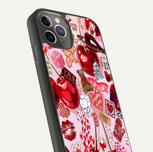 Sweet Cherry Chaos Glass Case for iPhone 11 Pro Max side-angle image showing shine, gloss, and cherry details