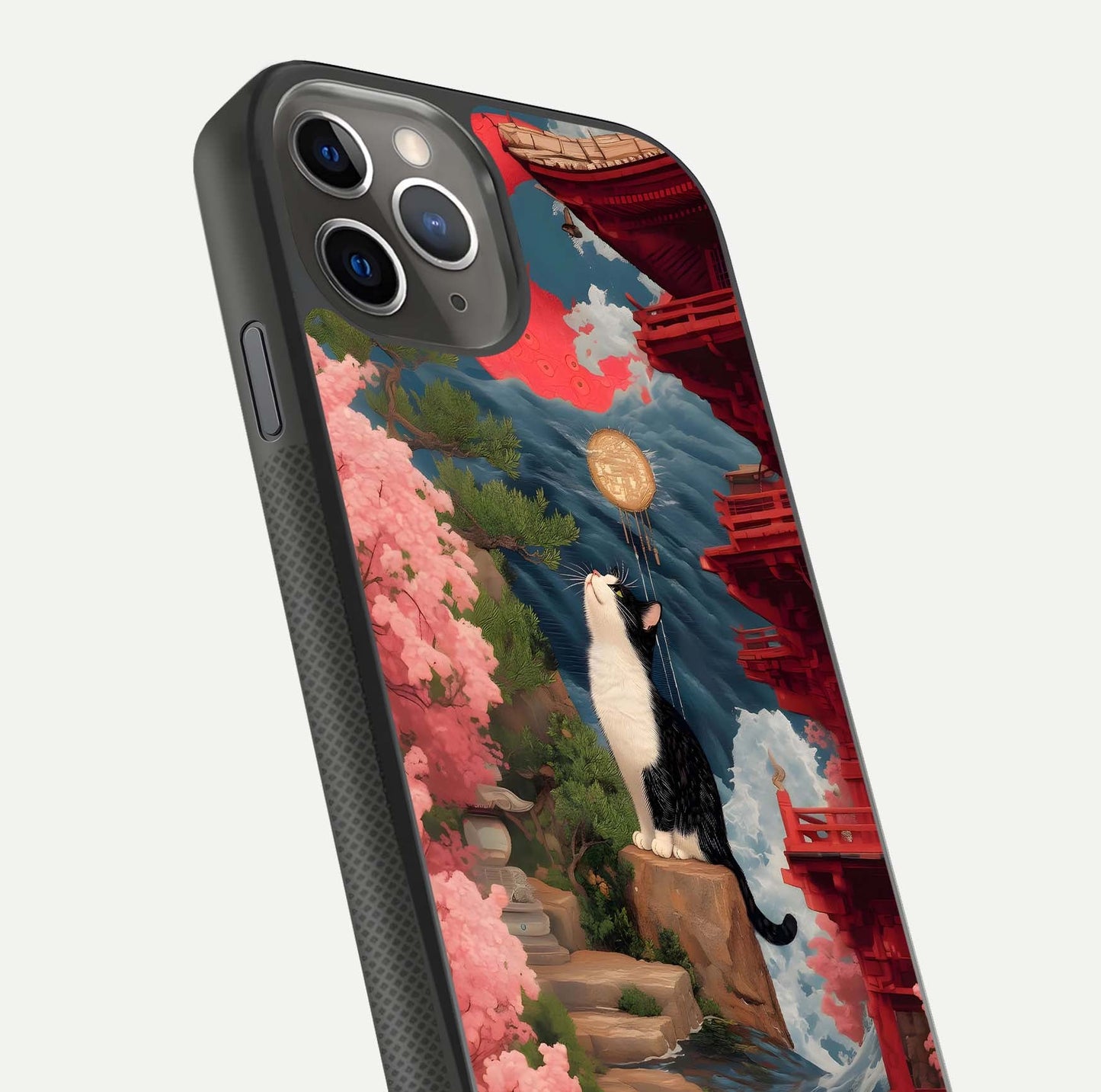 Temple Cat Scenery Glass Case for iPhone 11 Pro Max side-angle image showing shine and printed temple pattern