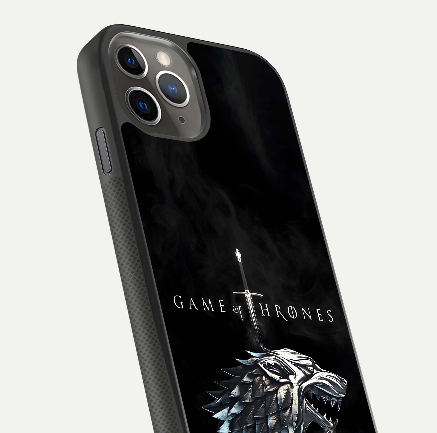Throne Wolf Legacy Glass Case for iPhone 11 Pro Max side-angle image showing gloss, texture, and HD print