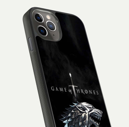 Throne Wolf Legacy Glass Case for iPhone 11 Pro Max side-angle image showing gloss, texture, and HD print