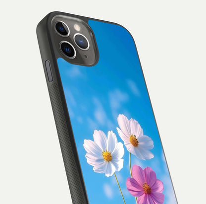 Triple Flowers With Sky Glass Case for iPhone 11 Pro Max side-angle image showing gloss, texture, and floral design