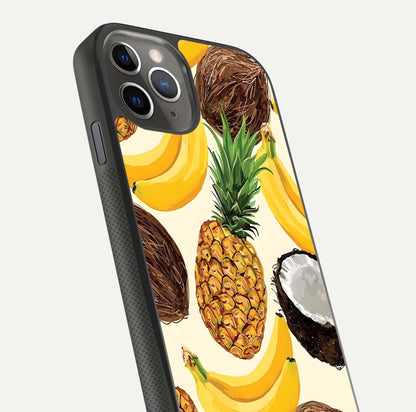 Tropical Fruit Mood Glass Case for iPhone 11 Pro Max side-angle image showing reflection, gloss, and fruit details