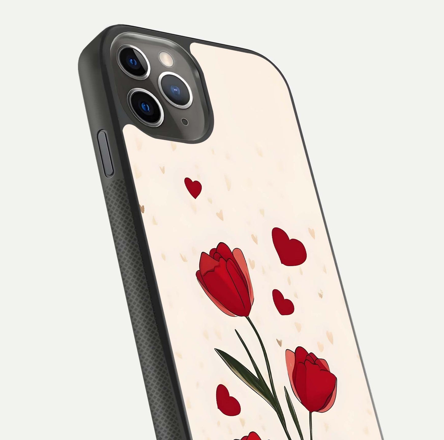 Tulip With Heart Glass Case for iPhone 11 Pro Max side-angle image showing floral reflection and subtle gradient