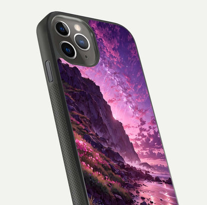 Twilight Blossom Coast Glass Case for iPhone 11 Pro Max side-angle image showing shine, reflection, and petal tone
