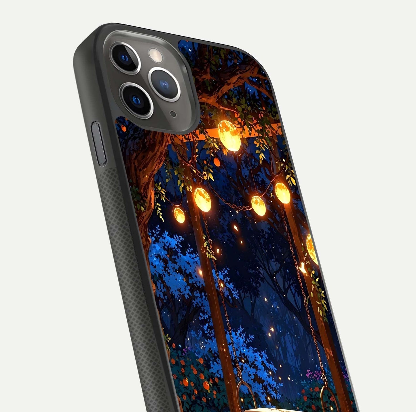 Twilight Garden Swing Glass Case for iPhone 11 Pro Max side-angle image showing reflection, gloss, and scenic depth