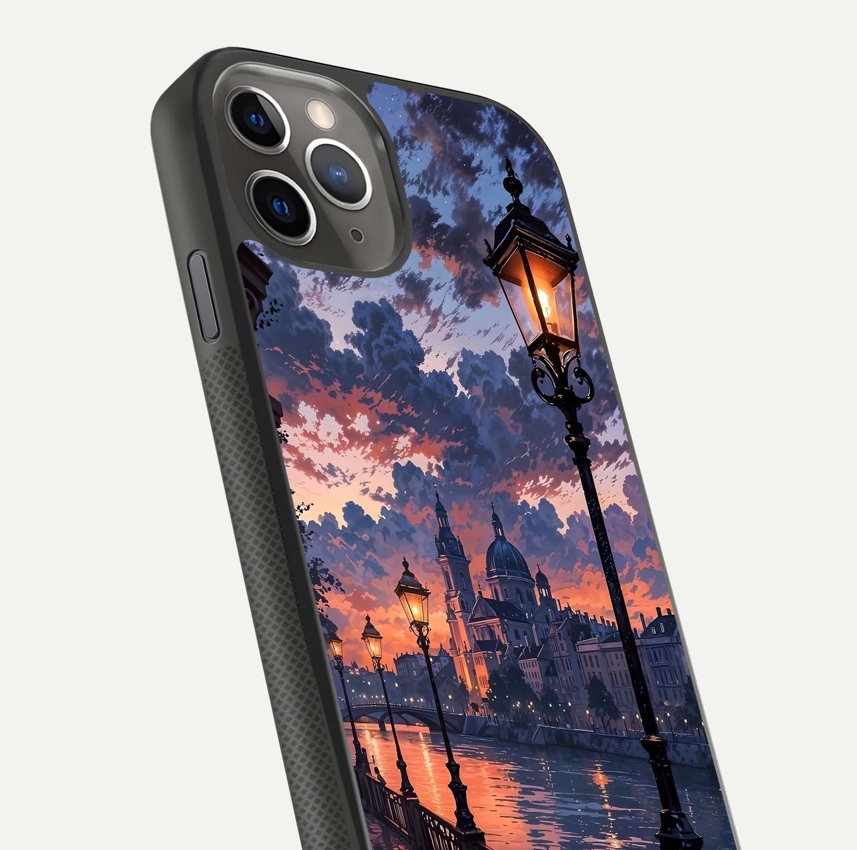 Twilight River Lights Glass Case for iPhone 11 Pro Max side-angle image showing reflections, lighting, and gradient tones
