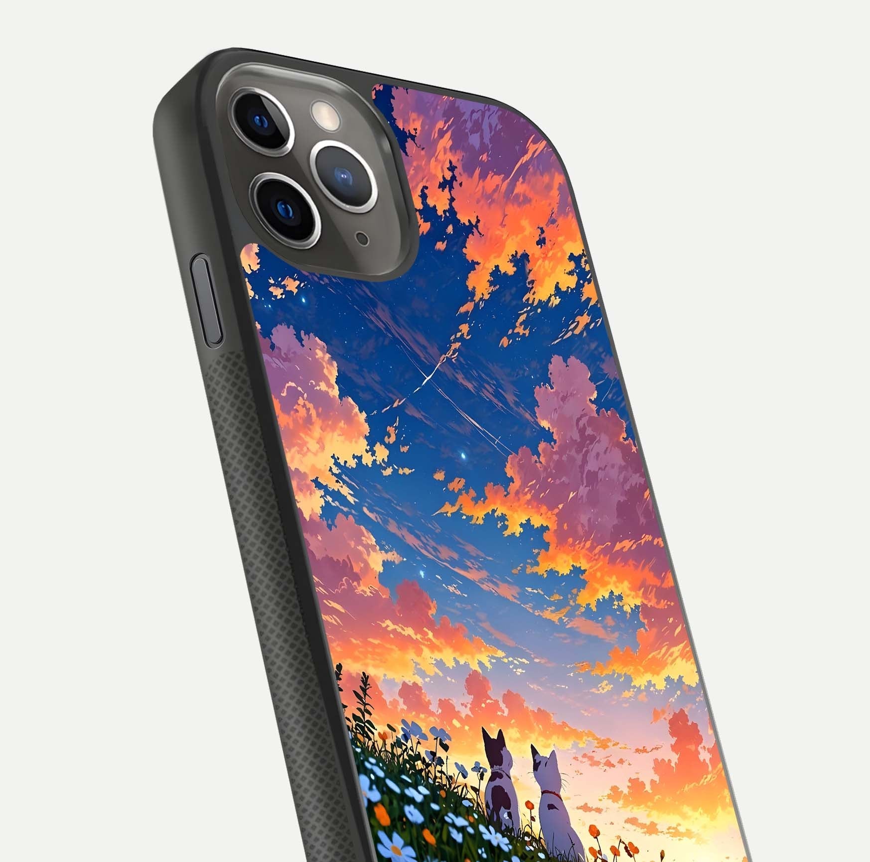 Two Cats Friends Glass Case for iPhone 11 Pro Max side-angle image showing reflection, gloss, and color depth