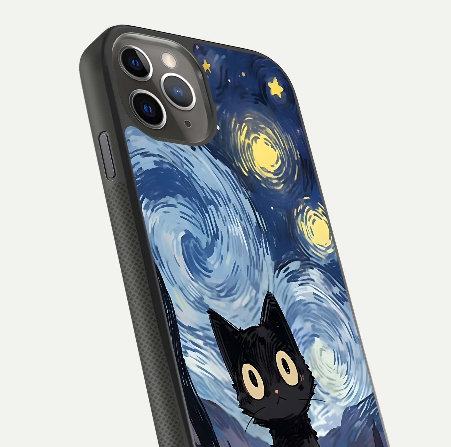 Van Gogh Cat Glass Case for iPhone 11 Pro Max side-angle image showing light reflection and vivid artwork