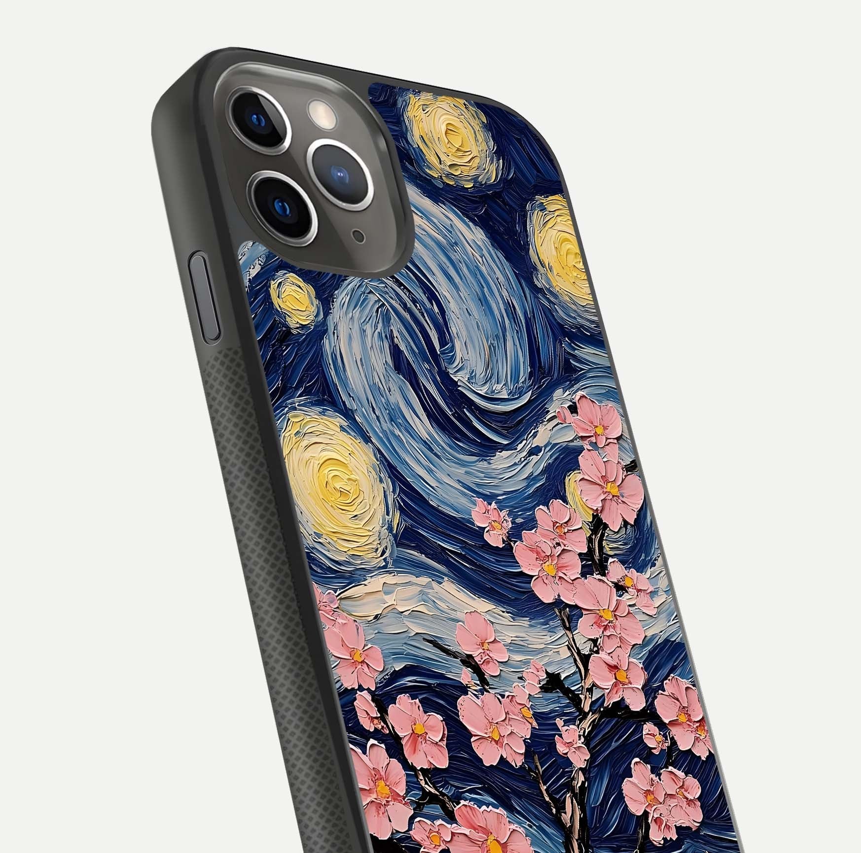 Van Gogh Scenery Glass Case for iPhone 11 Pro Max side-angle image showing shine, gloss, and scenic color palette