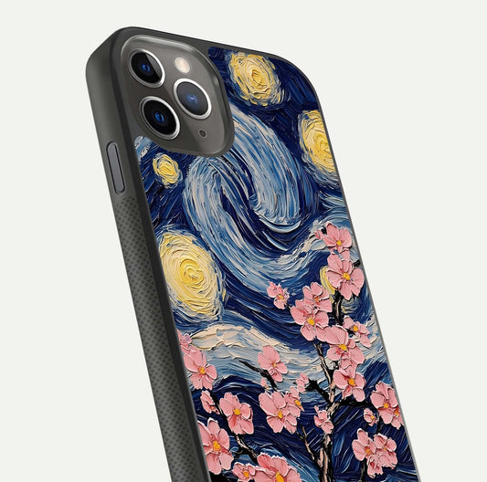 Van Gogh Scenery Glass Case for iPhone 11 Pro Max side-angle image showing shine, gloss, and scenic color palette