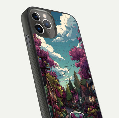 Vintage Street Drive Glass Case for iPhone 11 Pro Max side-angle image showing gloss reflection and design detail