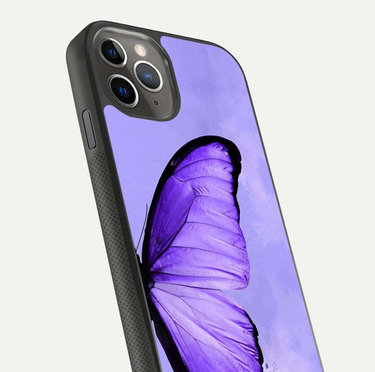 Violet Dream Wing Glass Case for iPhone 11 Pro Max side-angle image showing gloss, shine, and violet gradient