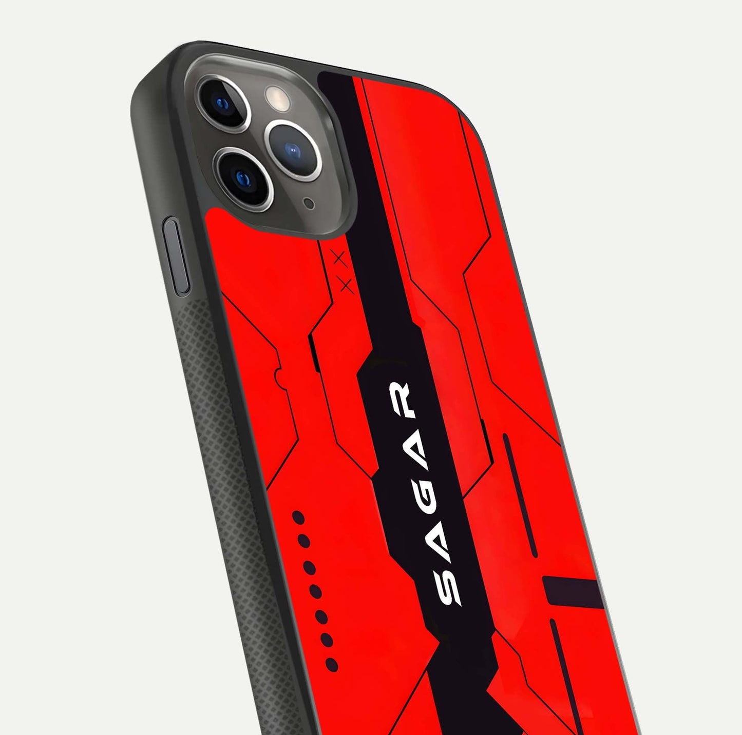 Voltage Rise CYBERPUNK Custom Name Glass Case for iPhone 11 Pro Max side-angle image showing gloss and cyberpunk detail