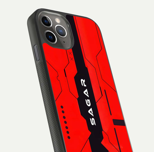 Voltage Rise CYBERPUNK Custom Name Glass Case for iPhone 11 Pro Max side-angle image showing gloss and cyberpunk detail