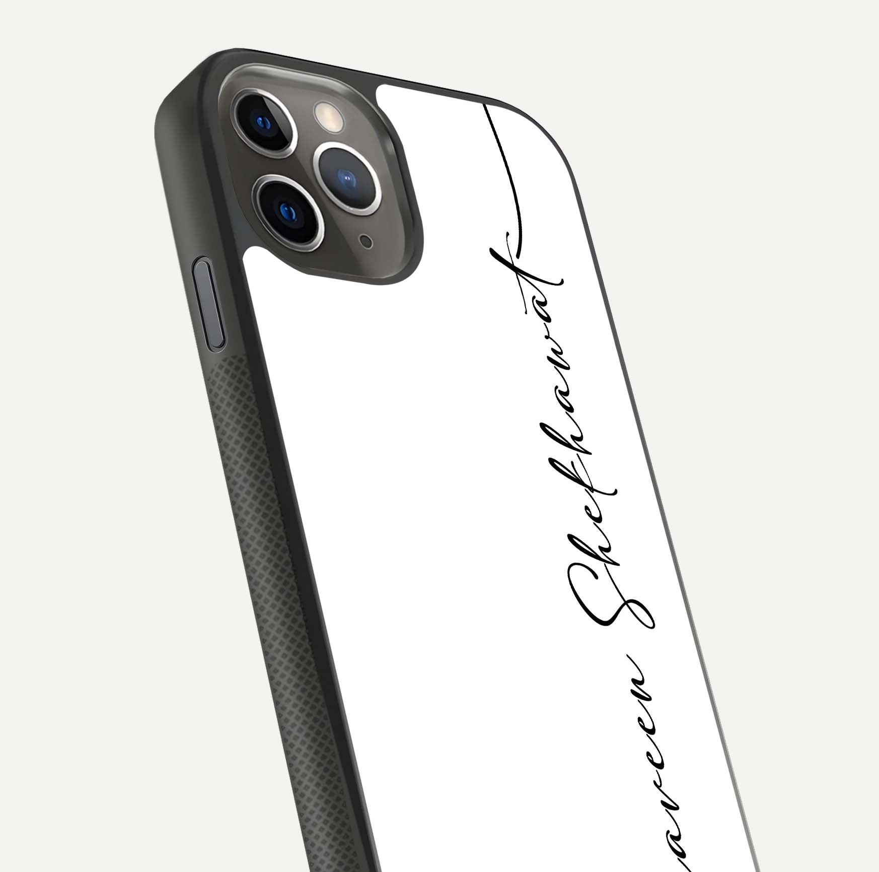 White Tune Custom Name Glass Case for iPhone 11 Pro Max side-angle image showing shine, gloss, and minimal tone