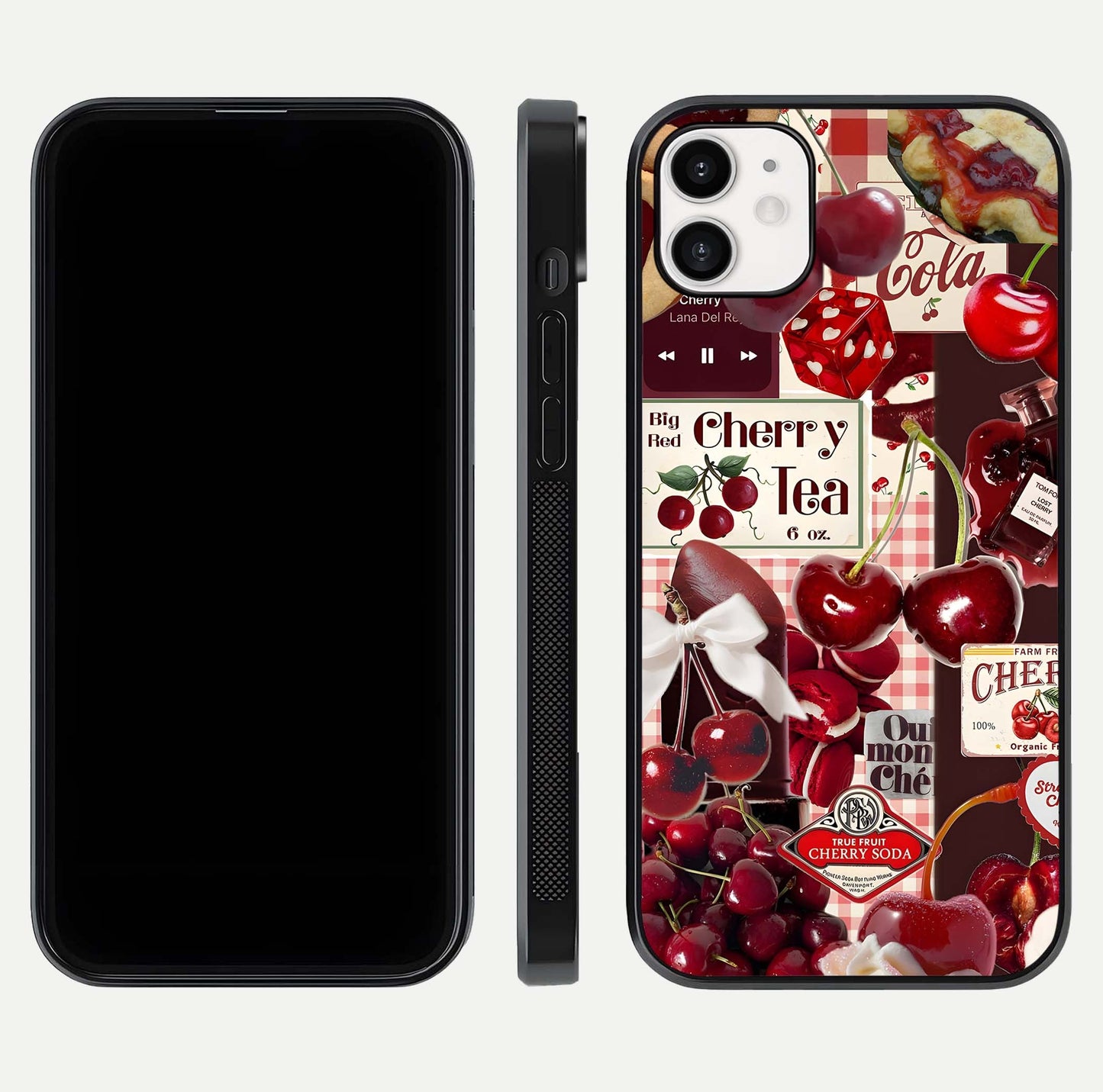 Aesthetic Cherry Tea Glass Case for iPhone 16 Pro front and back view layout showing black front display and artistic cherry-themed glass back
