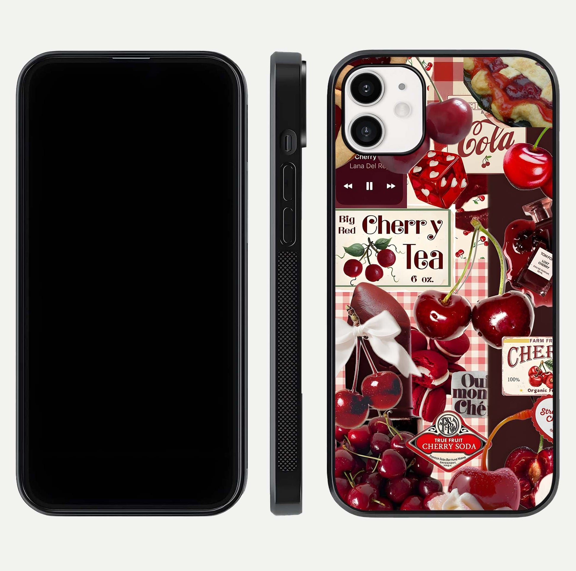 Aesthetic Cherry Tea Glass Case for iPhone 16 Pro front and back view layout showing black front display and artistic cherry-themed glass back