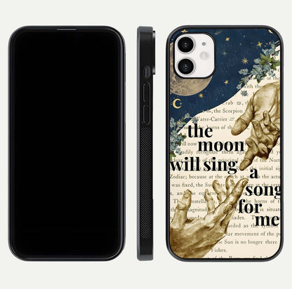 Aesthetic Divine Glass Case for iPhone 16 Pro front and back view layout showing black front display and divine art glass back