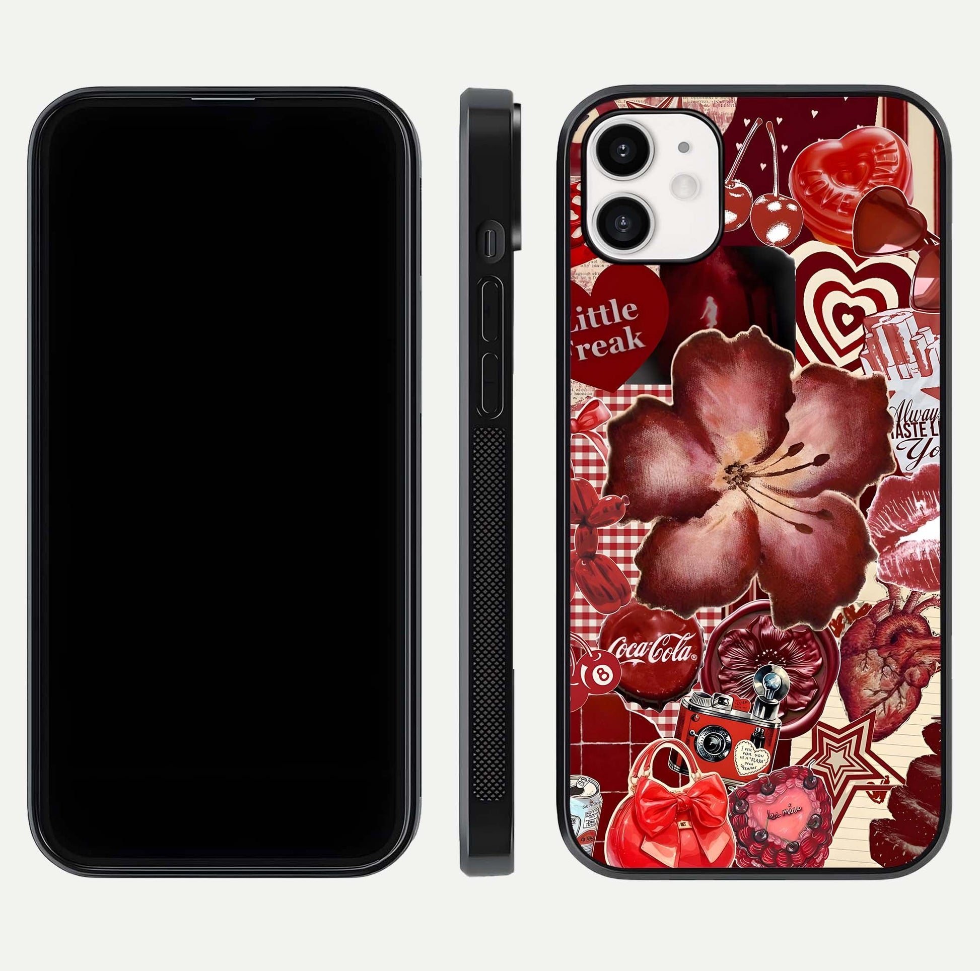 Aesthetic Little Freak Glass Case for iPhone 16 Pro front and back view layout showing black front display and trendy collage glass back