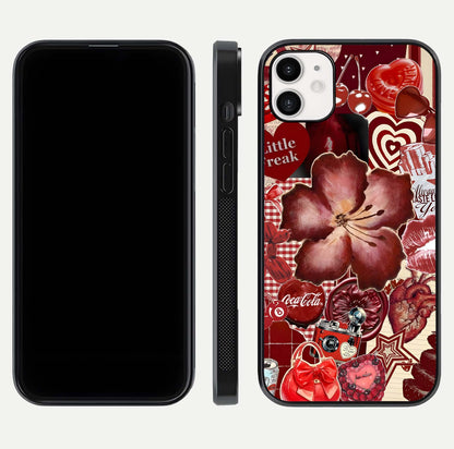Aesthetic Little Freak Glass Case for iPhone 16 Pro front and back view layout showing black front display and trendy collage glass back