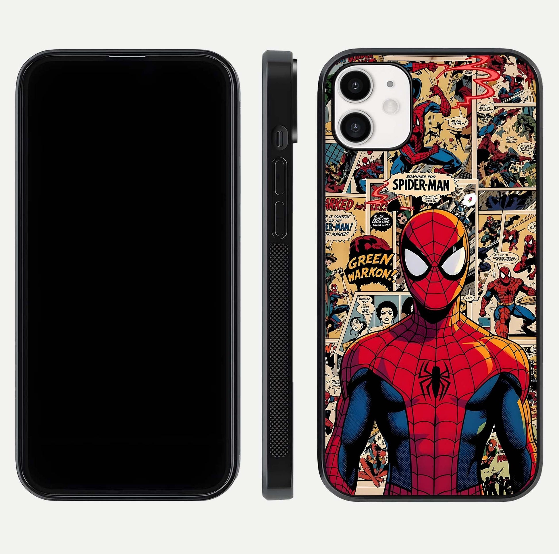 Aesthetic Spider Man Glass Case for iPhone 16 Pro front and back view layout showing black front display and Spider-Man art glass back