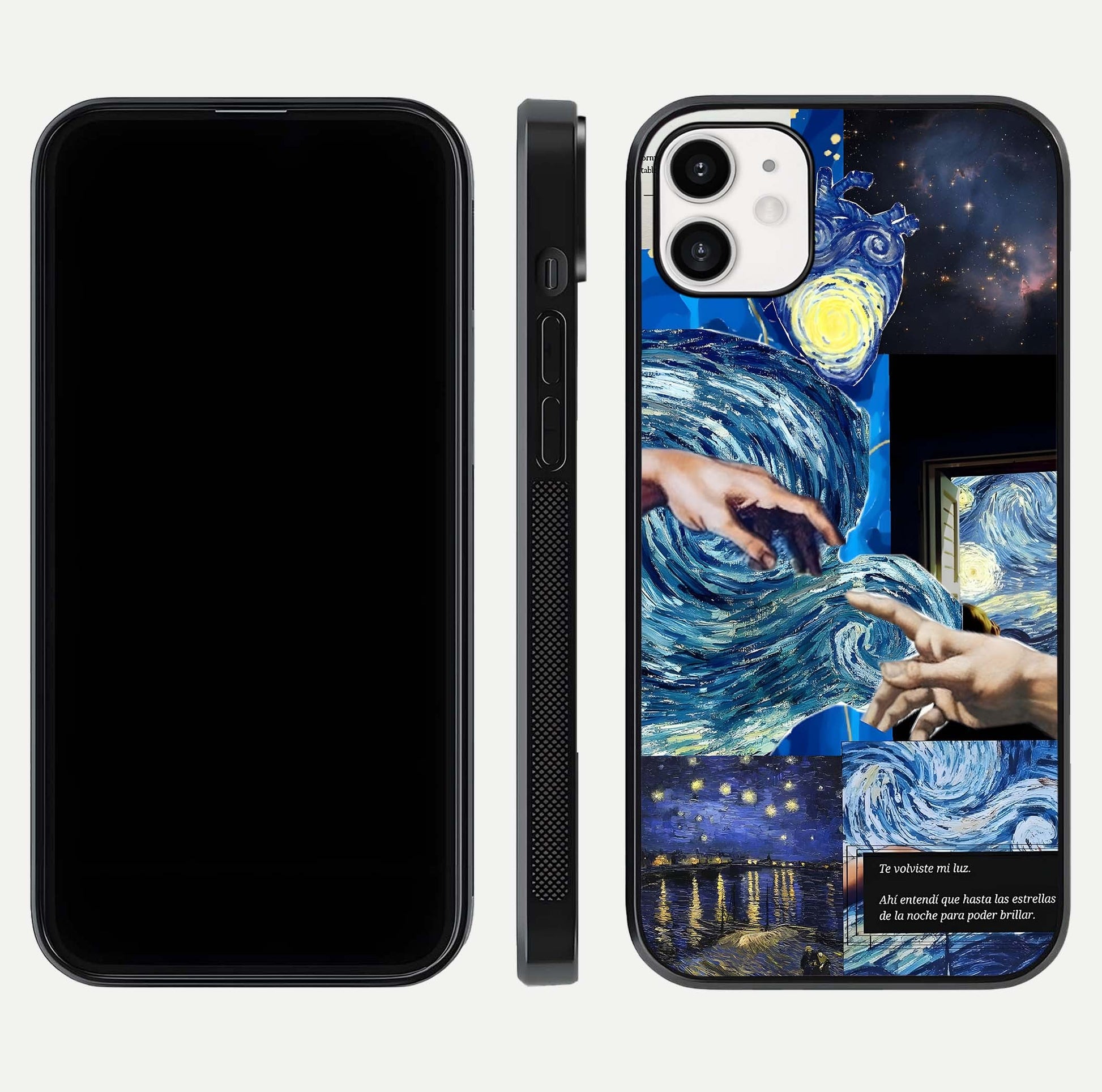 Aesthetic Vando Hands Glass Case for iPhone 16 Pro front and back layout highlighting camera cutout and premium glass shine