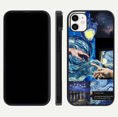 Aesthetic Vando Hands Glass Case for iPhone 16 Pro front and back layout highlighting camera cutout and premium glass shine