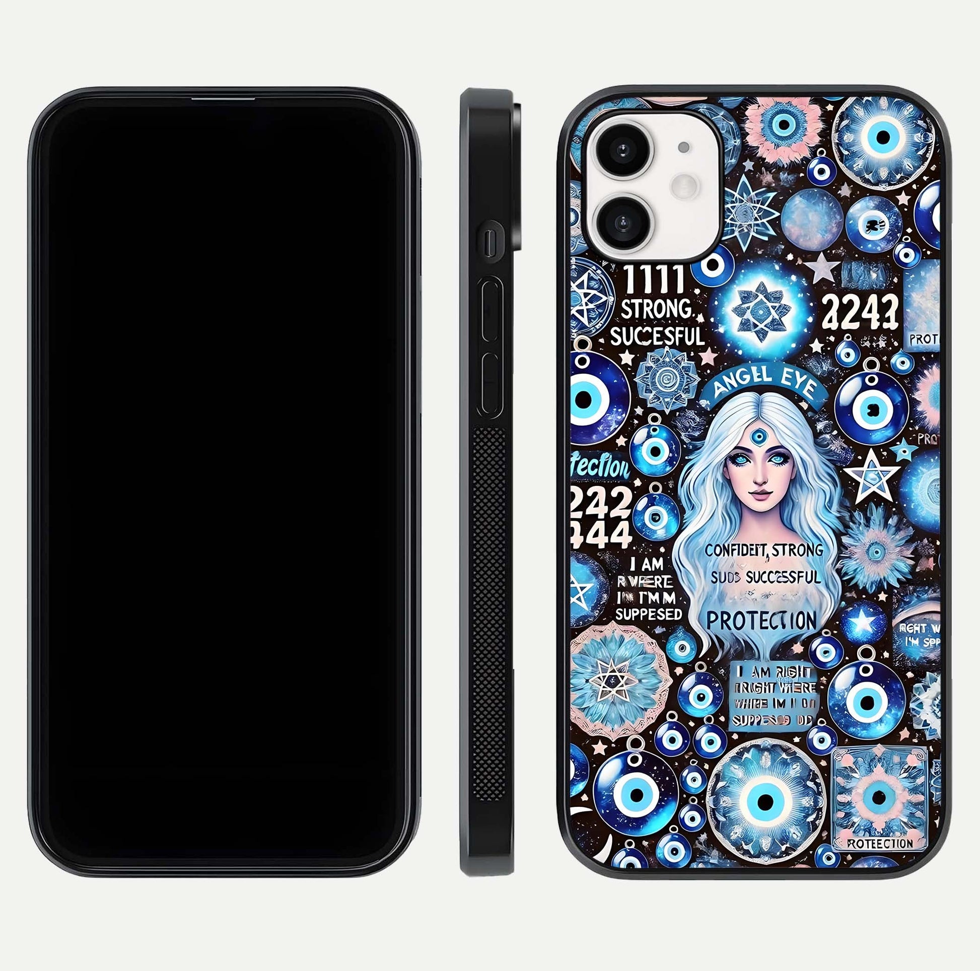 Angel Aura Shield Glass Case for iPhone 16 Pro front and back display highlighting glass clarity and spiritual design