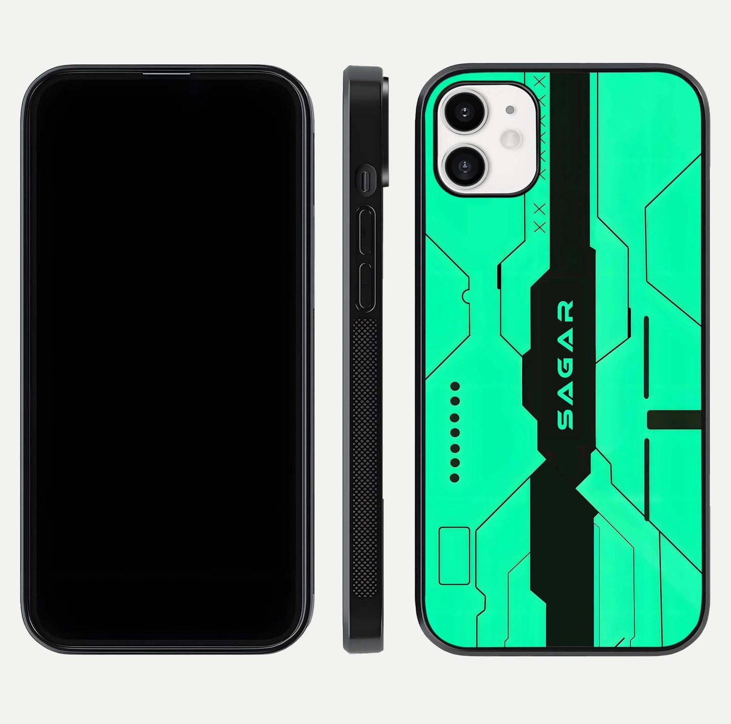 Aqua Tech CYBERPUNK Custom Name Glass Case for iPhone 16 Pro front and back display showing sleek tech pattern and shine