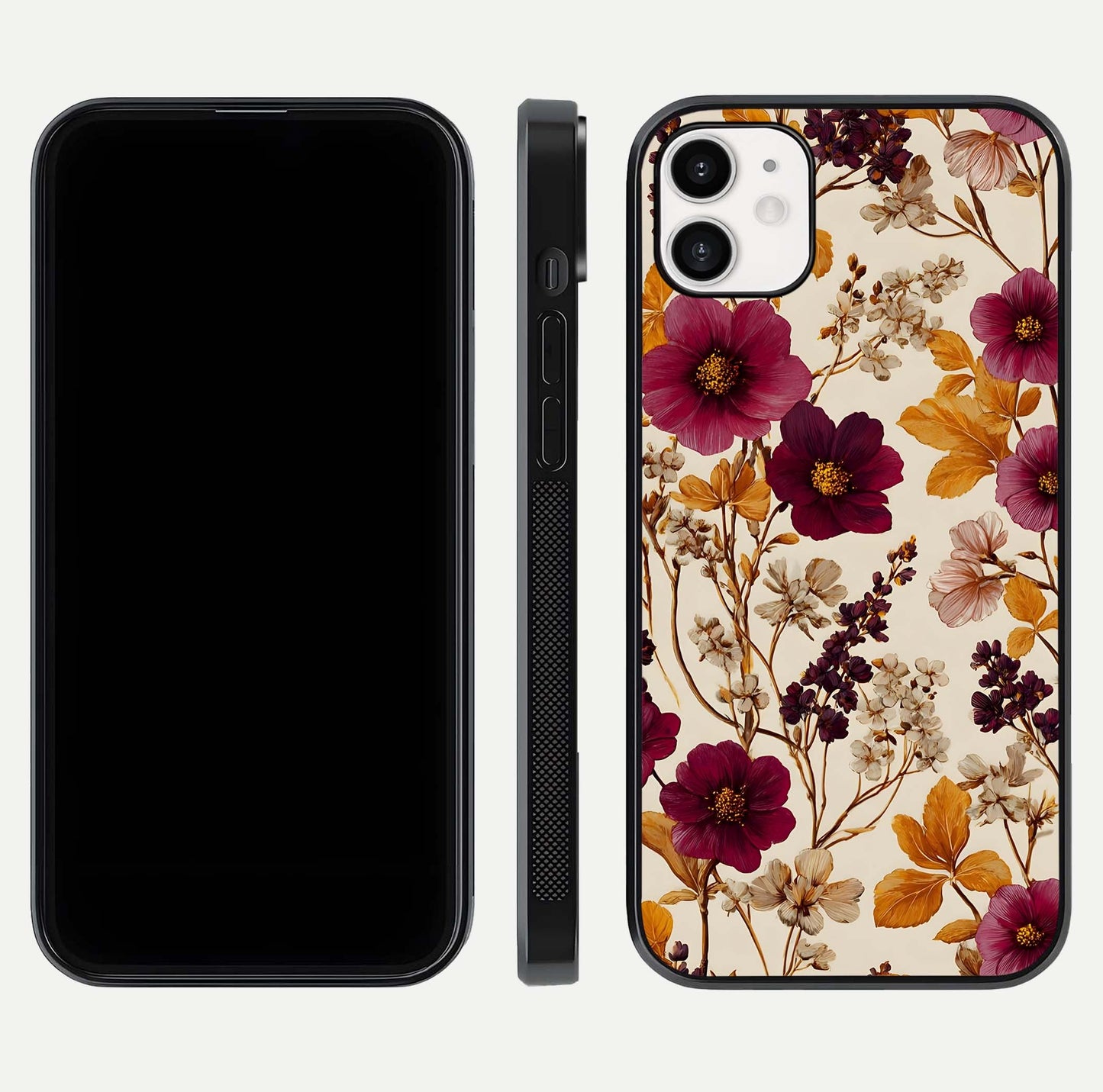 Autumn Wine Bloom Glass Case for iphone-12 front and back layout showing autumn print and HD glass clarity