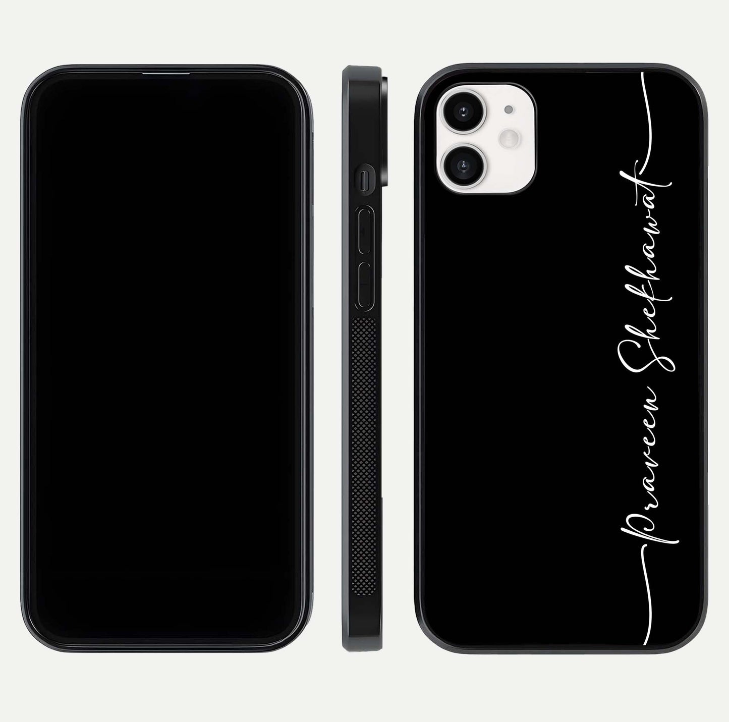 Black Tune Custom Name Glass Case for iPhone 12 Mini front-and-back layout showing personalized name zone and edges