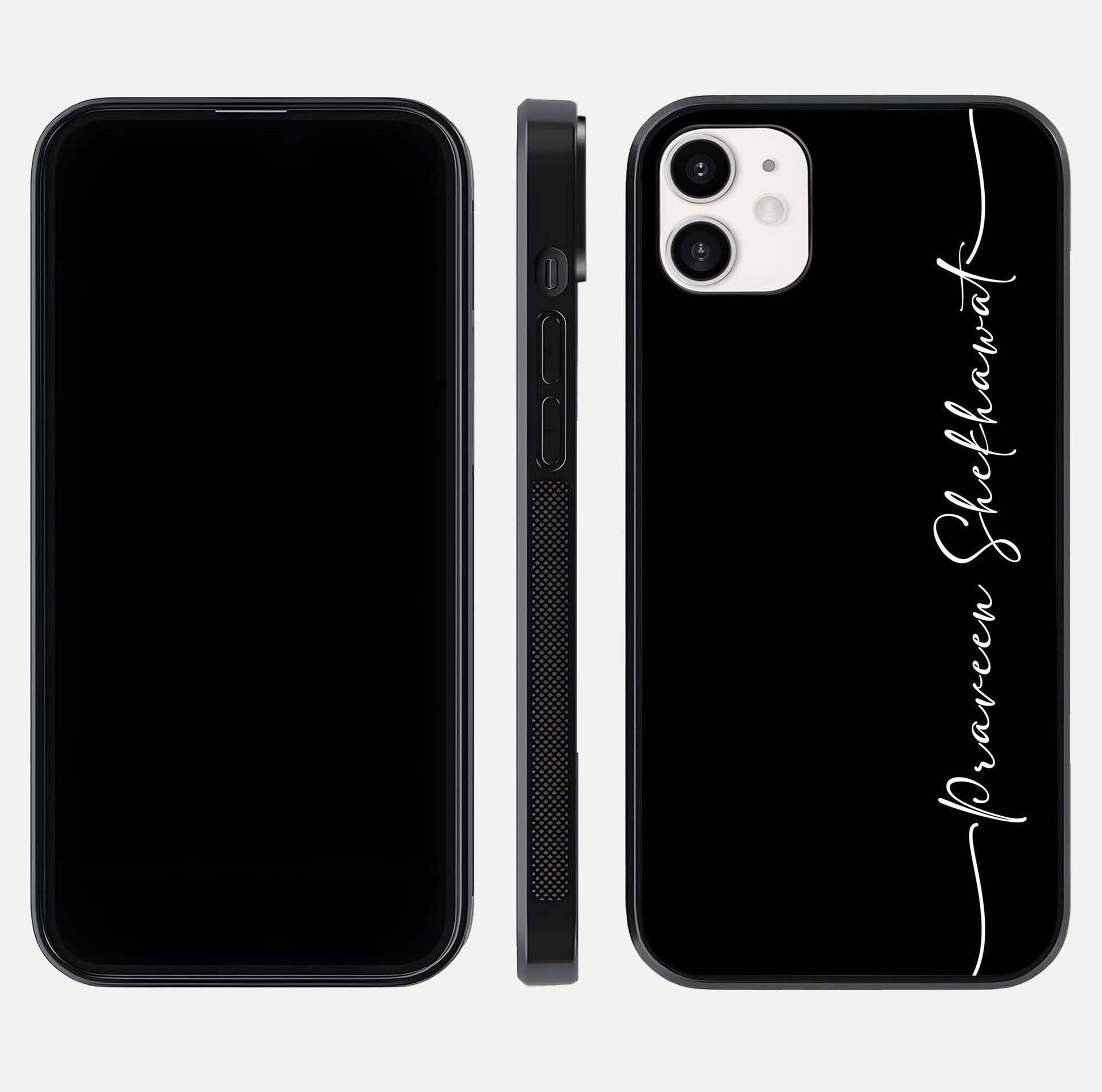 Black Tune Custom Name Glass Case for iPhone 12 Mini front-and-back layout showing personalized name zone and edges