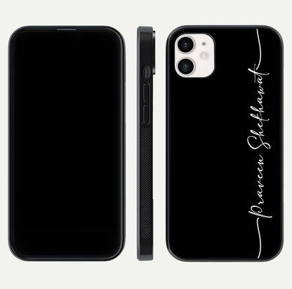 Black Tune Custom Name Glass Case for iPhone 12 Mini front-and-back layout showing personalized name zone and edges