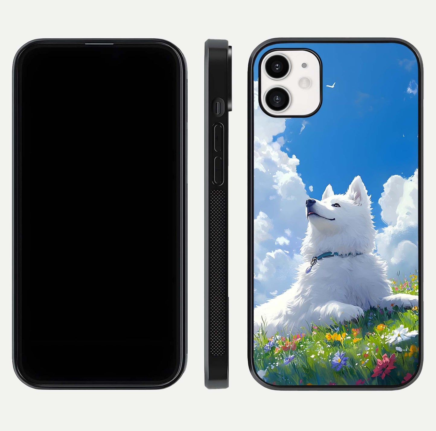 Blissful Cloud Pup Glass Case for iPhone 16 Pro front-and-back layout showing art alignment and edge design