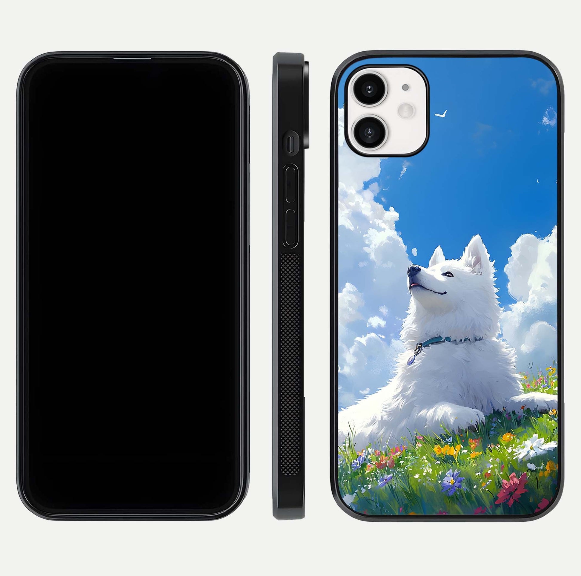 Blissful Cloud Pup Glass Case for iPhone 16 Pro front-and-back layout showing art alignment and edge design