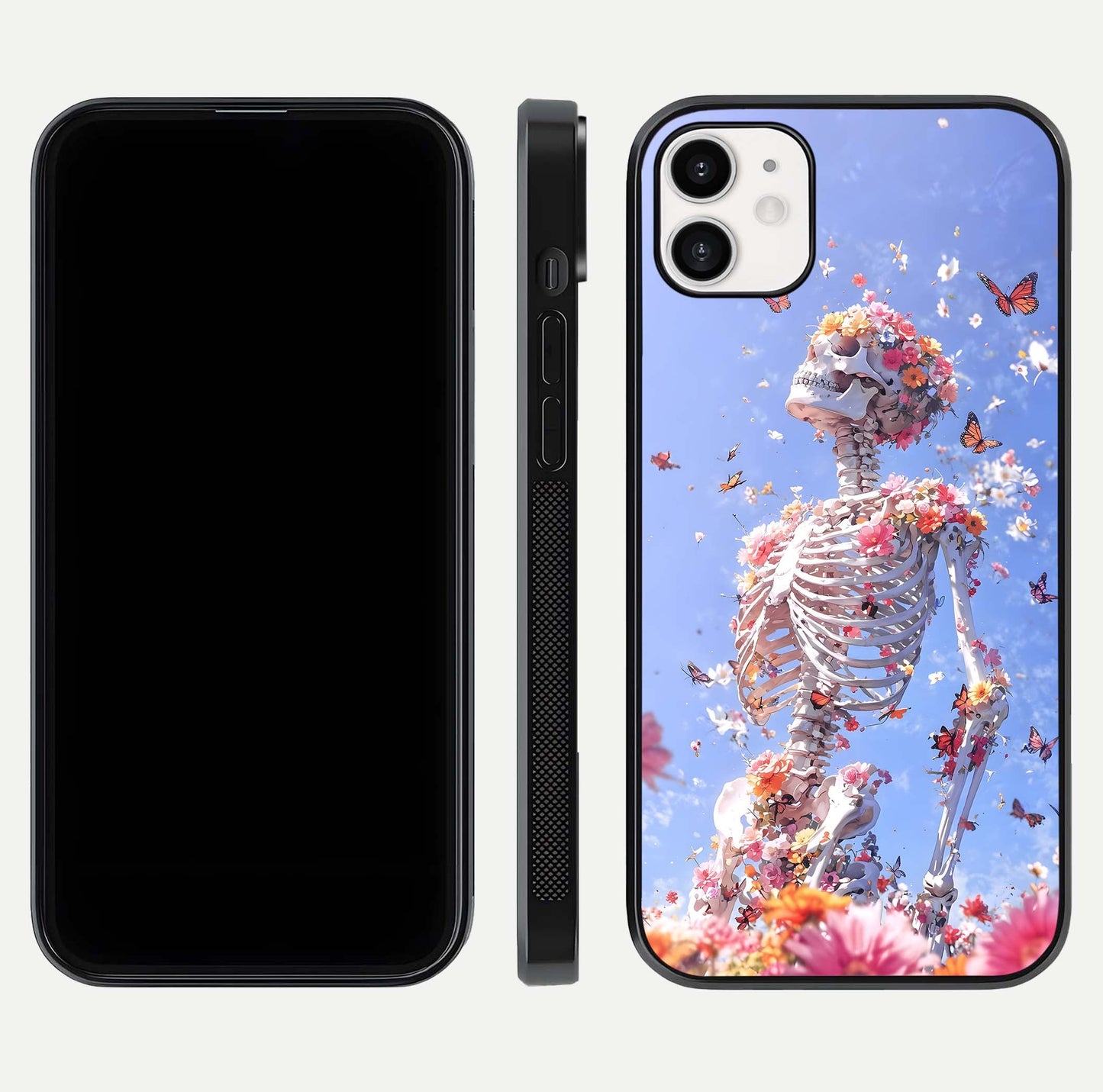 Bloom Beyond Bones Glass Case for iPhone 16 Pro dual-view layout showing creative aesthetic and edge design