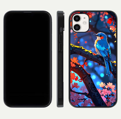 Blooming Spendor Bird Glass Case for iphone-12 front-and-back view showing nature print and protective edge