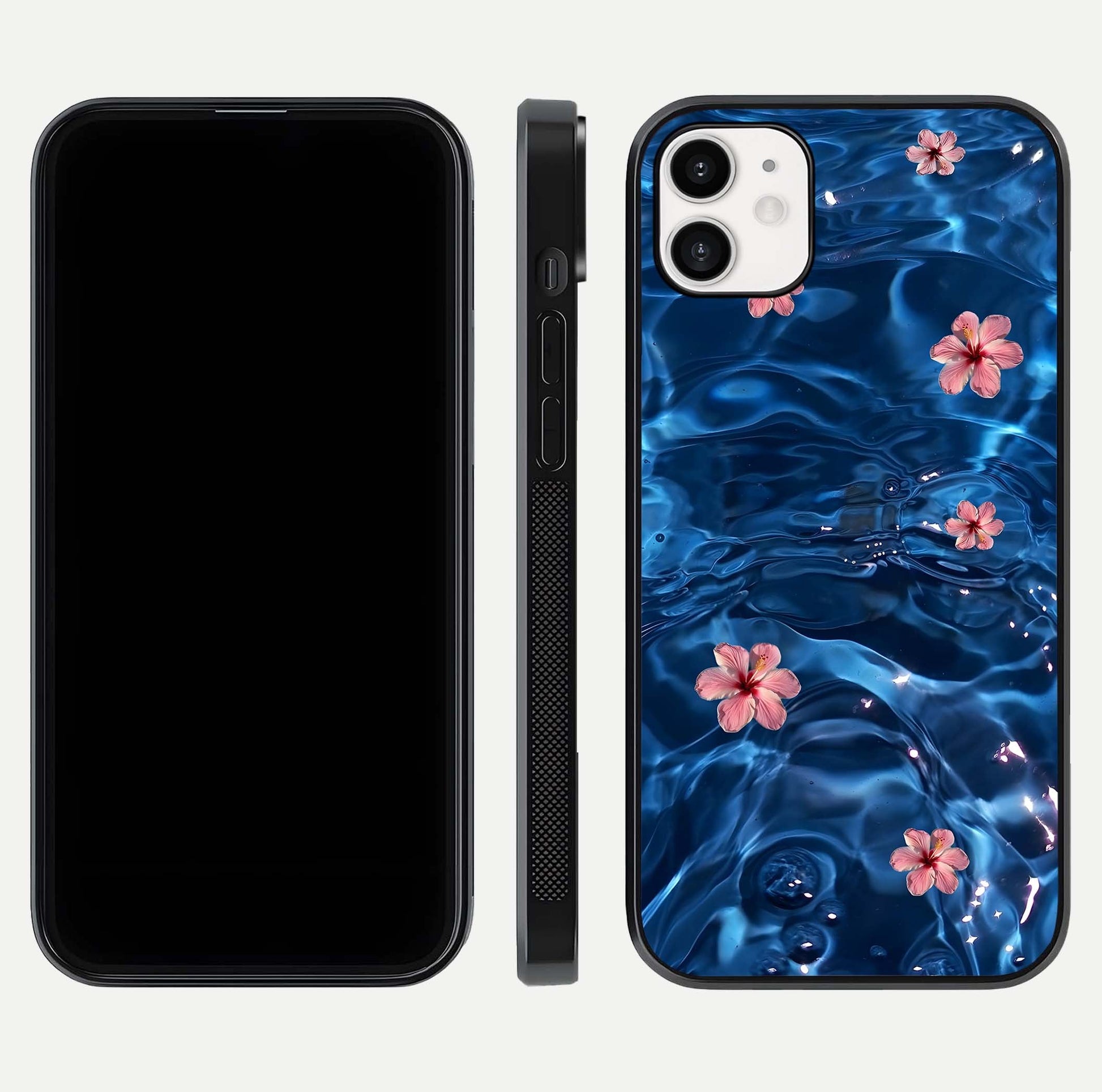 Blooming Water Drift Glass Case for iphone-12 front-and-back layout highlighting edge design and serene water bloom art