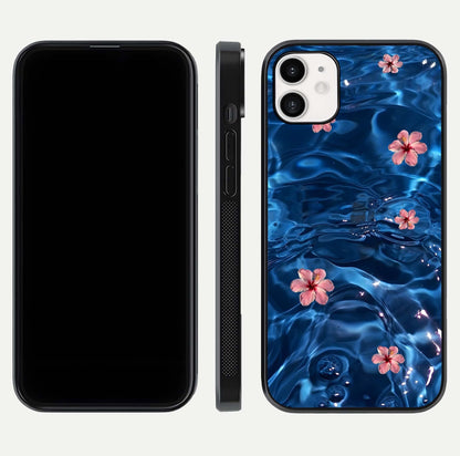 Blooming Water Drift Glass Case for iphone-12 front-and-back layout highlighting edge design and serene water bloom art