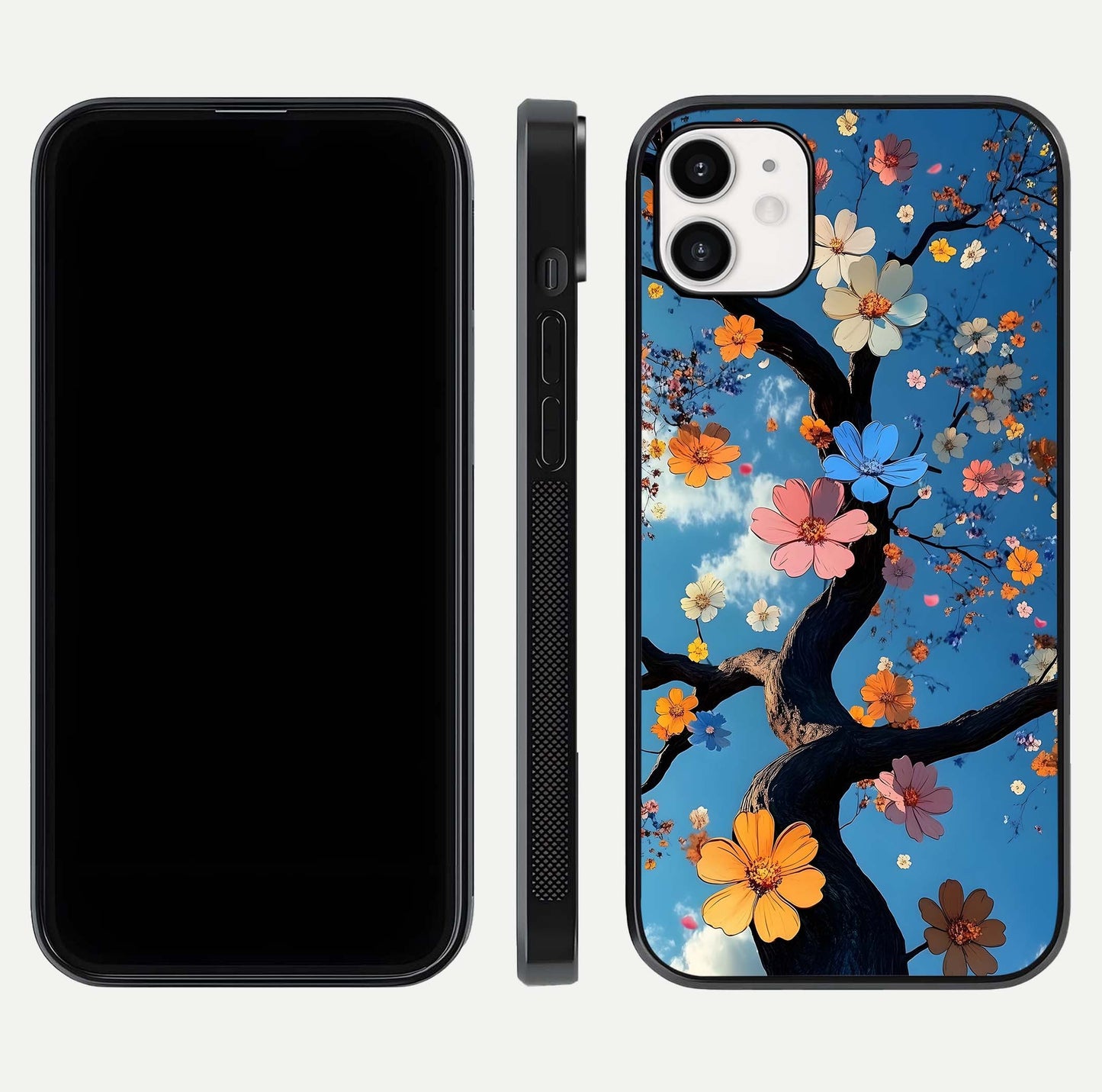 Blossom Dream Sky Glass Case for iphone-12 front-and-back layout showing floral print and premium edge gloss
