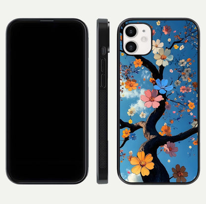 Blossom Dream Sky Glass Case for iphone-12 front-and-back layout showing floral print and premium edge gloss