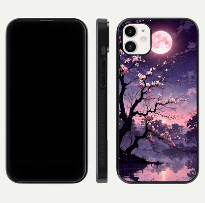 Blossom Pink Moon Glass Case for iphone-12 front-and-back layout showing minimal edges and artistic flower print