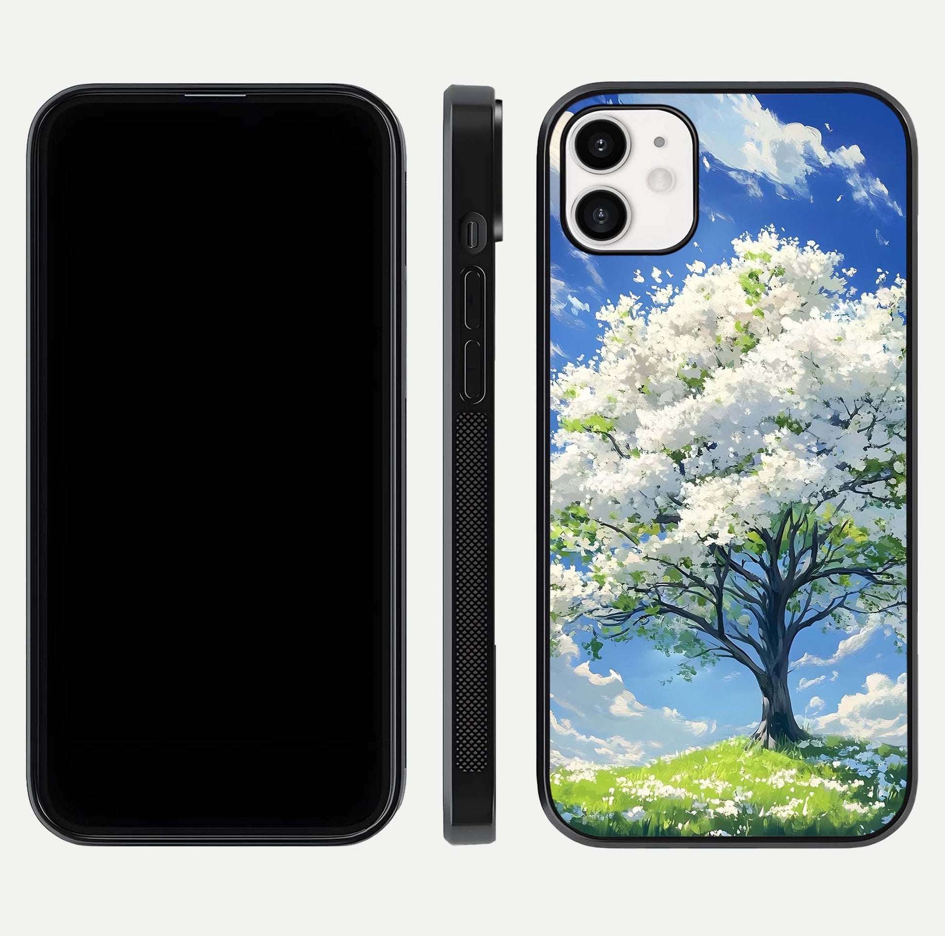 Blossom Sky Serenity Glass Case for iphone-12 dual-view layout showing pastel hues and soft protective edges