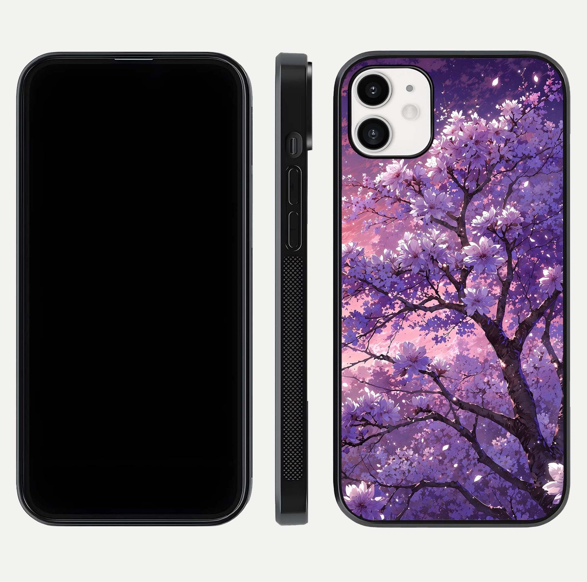 Blossom Tree Glass Case for iphone-12 front-and-back layout showing art alignment and gloss reflection
