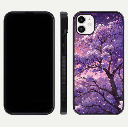 Blossom Tree Glass Case for iphone-12 front-and-back layout showing art alignment and gloss reflection